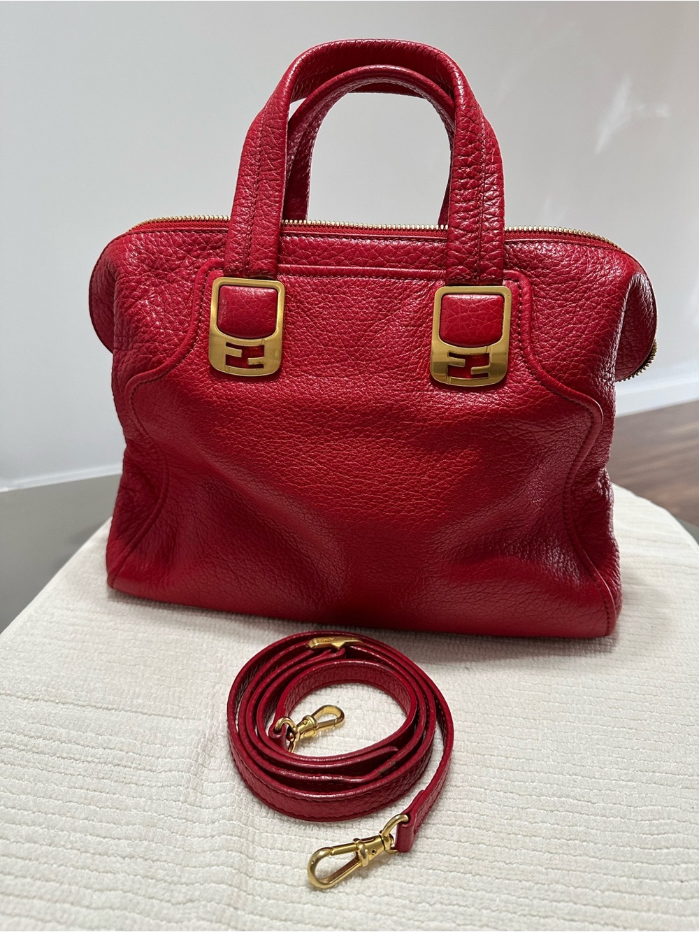 Fendi Red Leather Satchel with Gold Hardware and Detachable Strap
